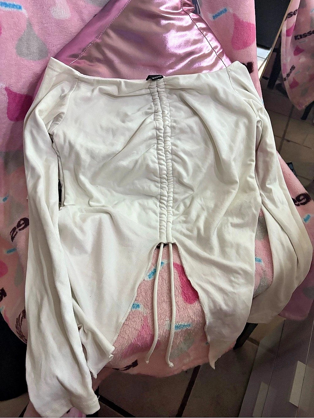 Windsor Off-The-Shoulder Ruched Drawstring Long Sleeve Top White Bodysuit